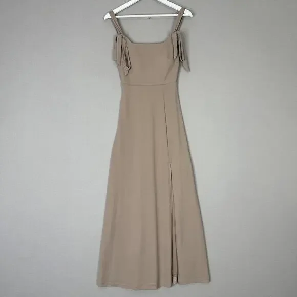 Birdy Grey Alex Crepe Maxi Dress Womens XS Taupe Formal Gown Bridesmaid Bow Tie - Picture 2 of 15